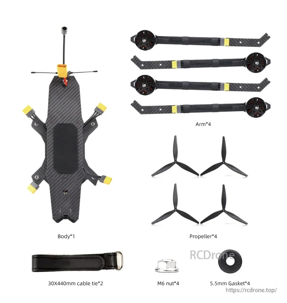In-the-box contents: MY15 body, four quick-release arms with motors, HQProp 15x7x3 props, straps, and M6 hardware