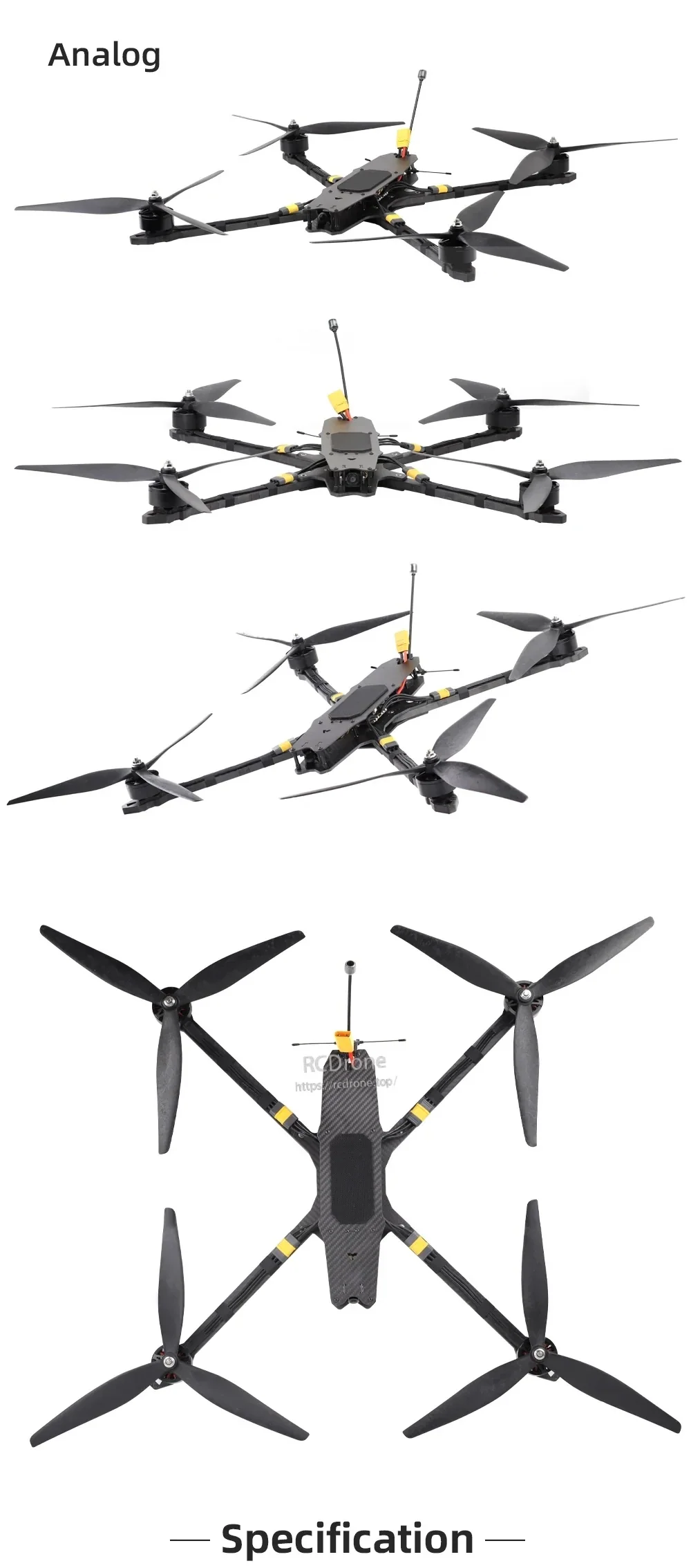 MY15 analog long-range quadcopter product display with multiple angles and top-down view of 15-inch frame