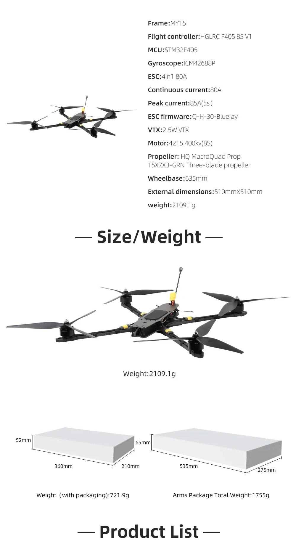 HGLRC MY15 size and weight chart with key specifications and packaging dimensions for the 635mm wheelbase frame