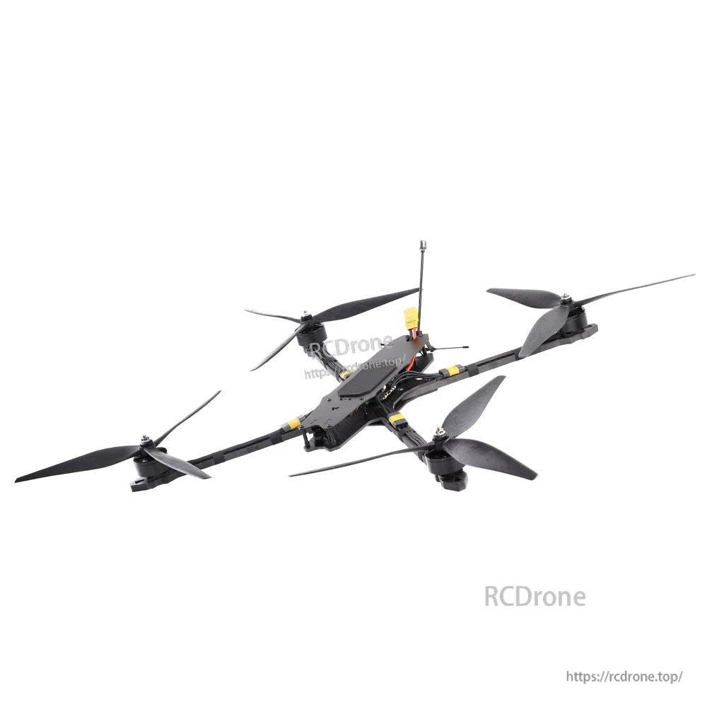Angled rear-side view of MY15 FPV quadcopter showing antenna mount, motors, and propellers