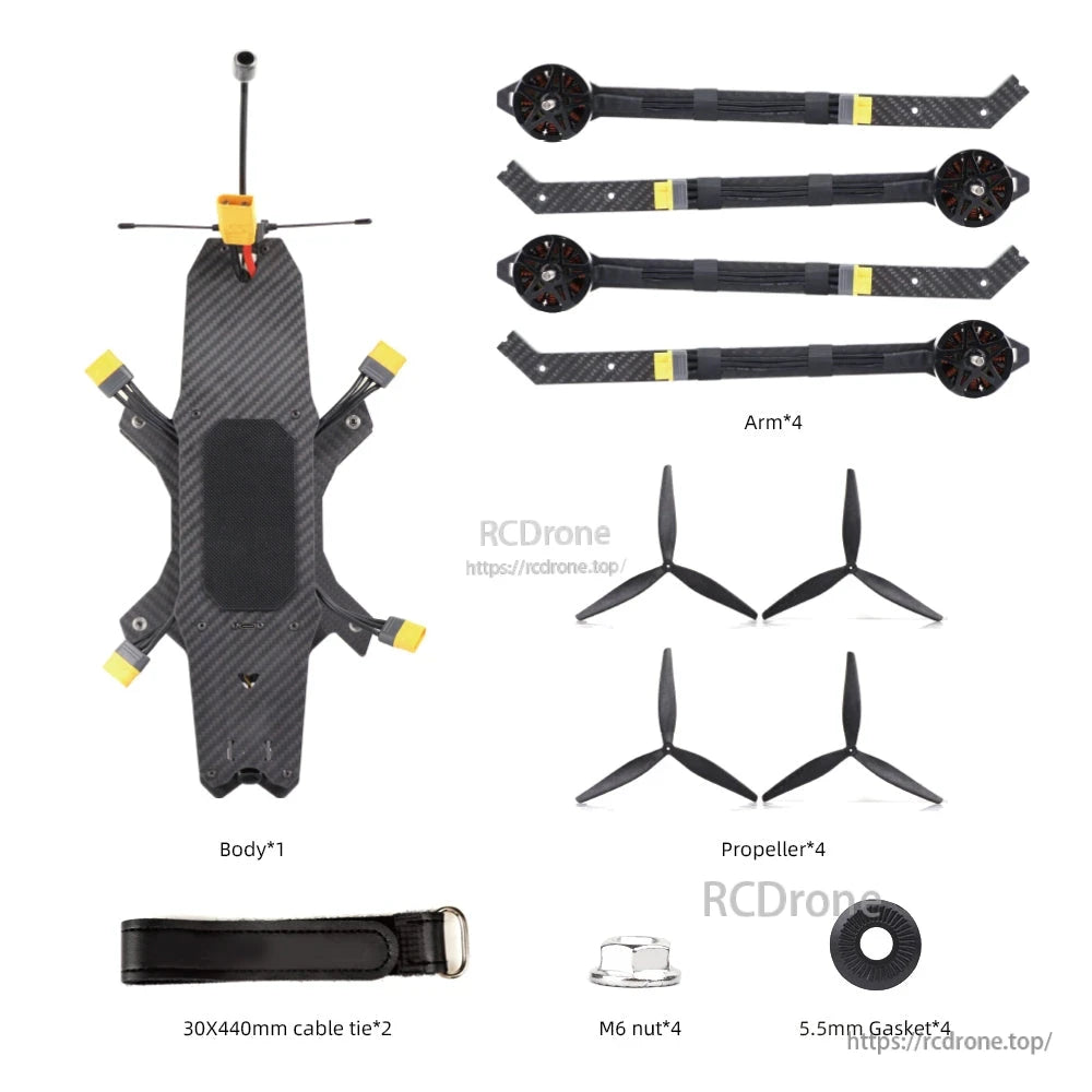 MY15 drone kit contents layout: main body frame, four arms with motors, propellers, strap and hardware