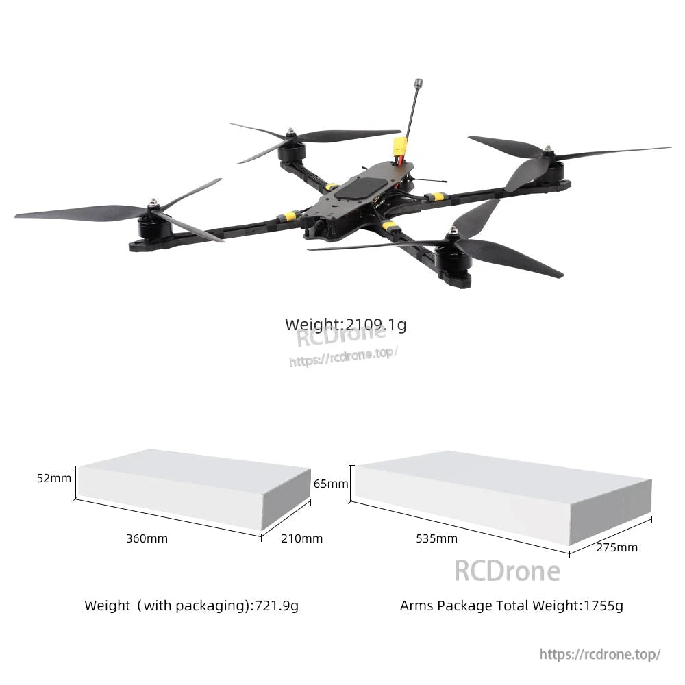 Packaging size and weight diagram with MY15 drone image and box dimension illustrations