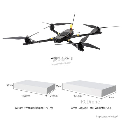 Packaging size and weight diagram with MY15 drone image and box dimension illustrations