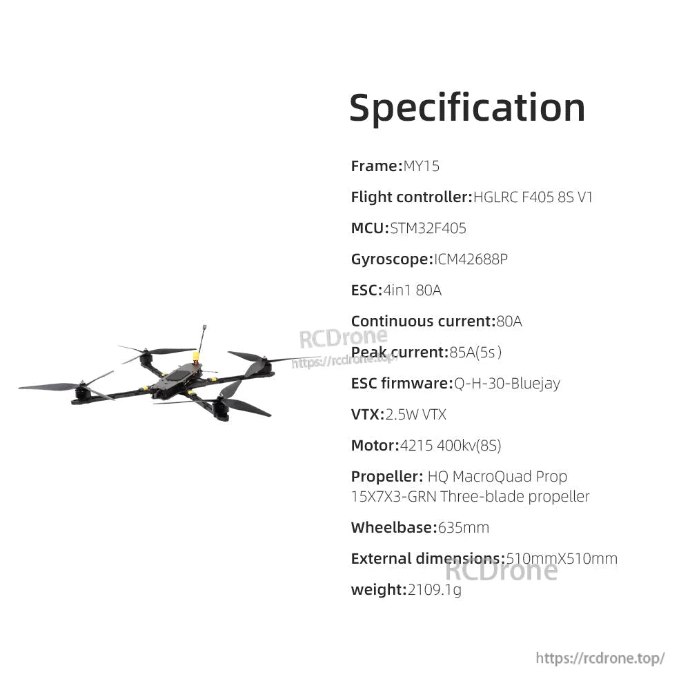 HGLRC MY15 specification list graphic showing flight controller, ESC, VTX, motor and dimensions