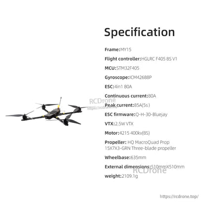 HGLRC MY15 specification list graphic showing flight controller, ESC, VTX, motor and dimensions