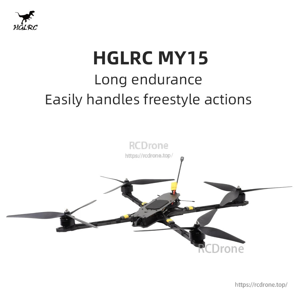 HGLRC MY15 Long-Range FPV drone angled view with on-image title text "HGLRC MY15"