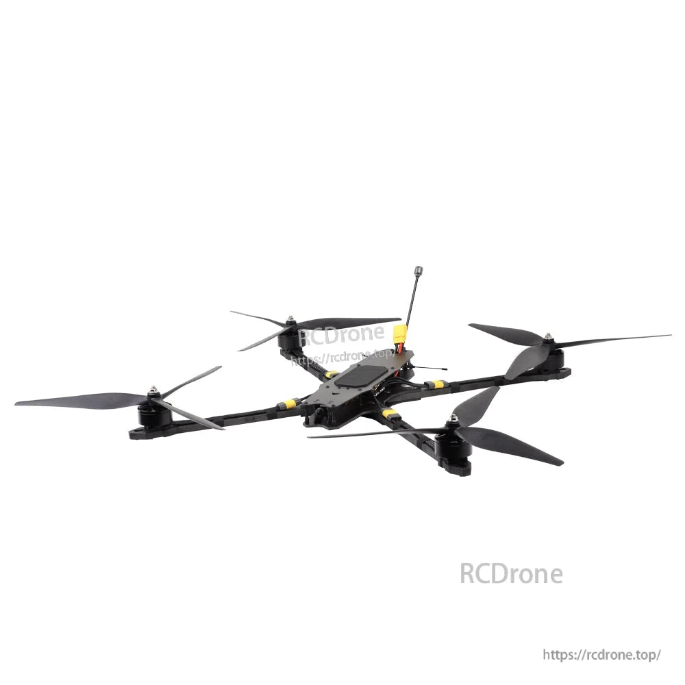 Assembled MY15 long-range FPV drone three-quarter view showing carbon arms and tri-blade props