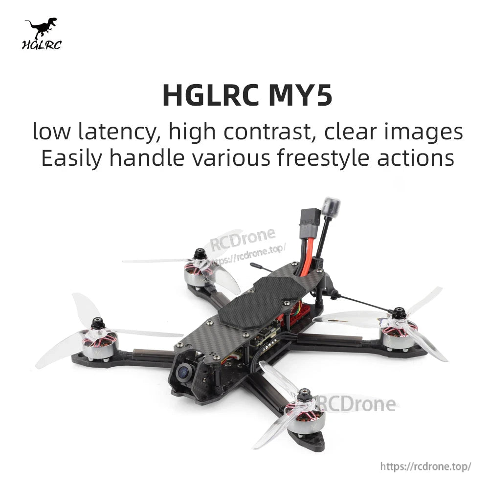 HGLRC MY5 promotional graphic showing the quadcopter with headline text about low latency and freestyle