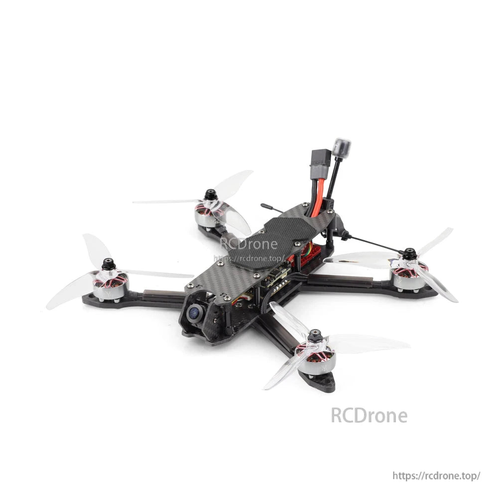 Front-left angle close view highlighting FPV camera mount, front arms, motors, and rear antenna lead