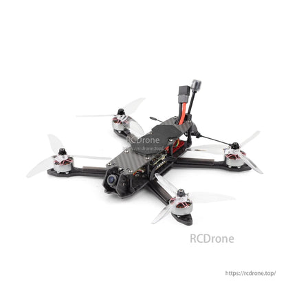 Front-left angle close view highlighting FPV camera mount, front arms, motors, and rear antenna lead