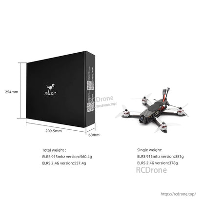 HGLRC MY5 packaging box size and weight chart with drone shown beside the box