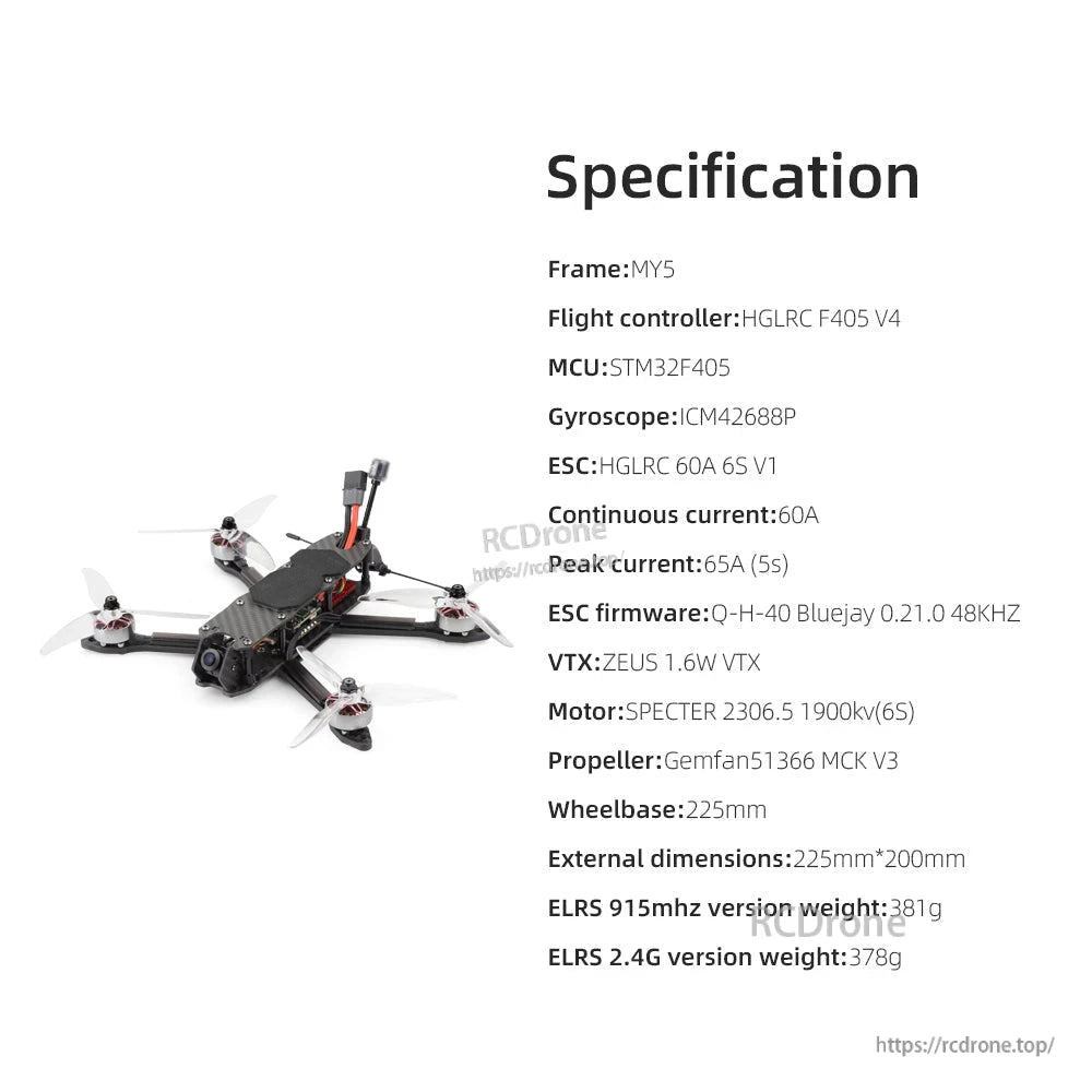HGLRC MY5 specification sheet graphic listing flight controller, ESC, VTX, motor, propeller, and dimensions