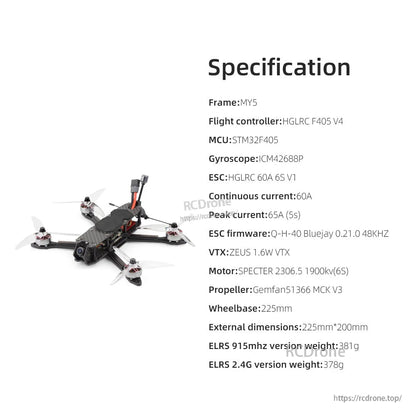 HGLRC MY5 specification sheet graphic listing flight controller, ESC, VTX, motor, propeller, and dimensions