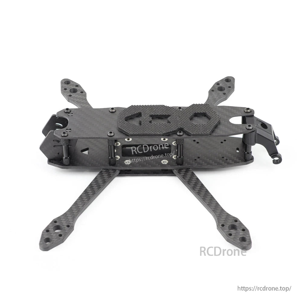 Side profile view of MY5 FPV frame showing camera cage area and stacked carbon plates