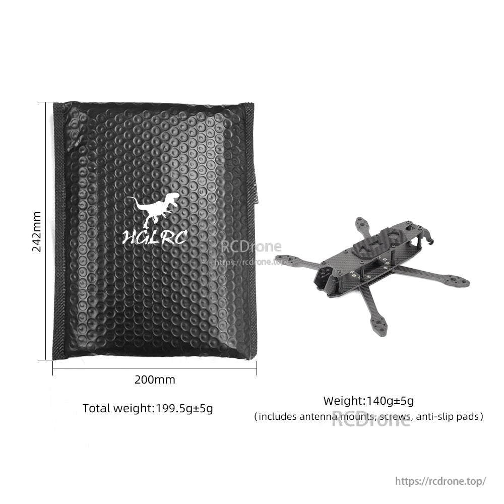 HGLRC shipping pouch size 200×242mm with total weight and frame-only weight notes
