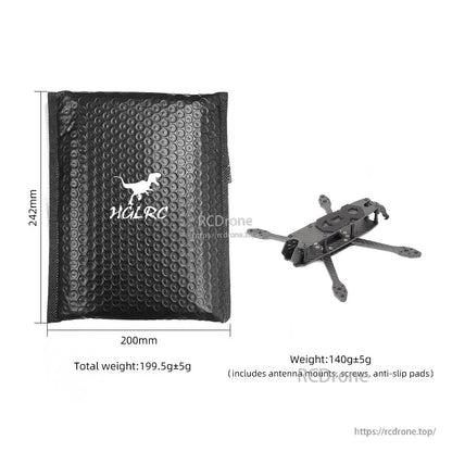 HGLRC shipping pouch size 200×242mm with total weight and frame-only weight notes