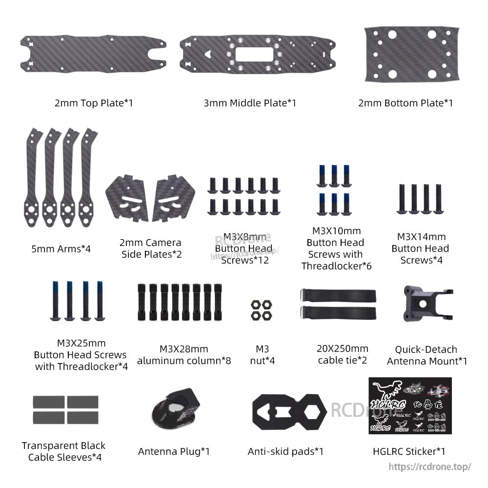 HGLRC MY5 5-inch FPV frame kit contents: plates, 5mm arms, hardware, antenna mount, pads