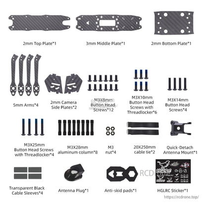 HGLRC MY5 5-inch FPV frame kit contents: plates, 5mm arms, hardware, antenna mount, pads
