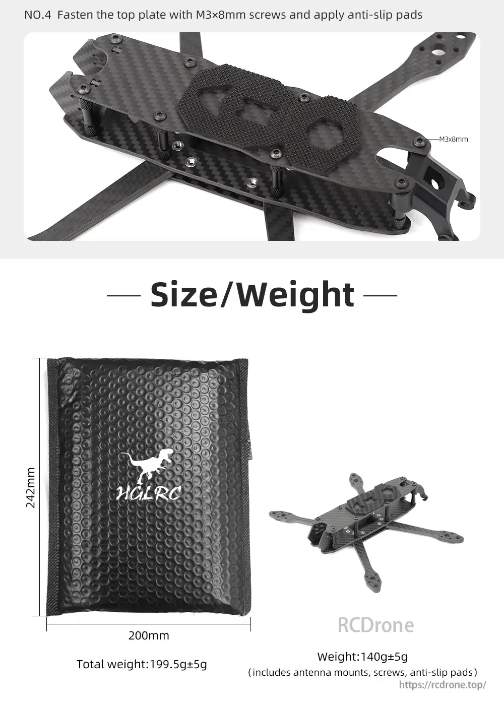 Top plate fastening and size/weight details for the MY5 frame, including package dimensions and frame weight