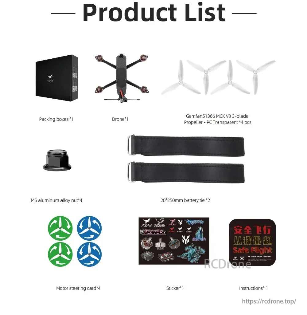 What’s included in the box: MY5 drone, Gemfan 51366 3-blade props, battery straps, M5 nuts, motor cards, stickers, and instructions