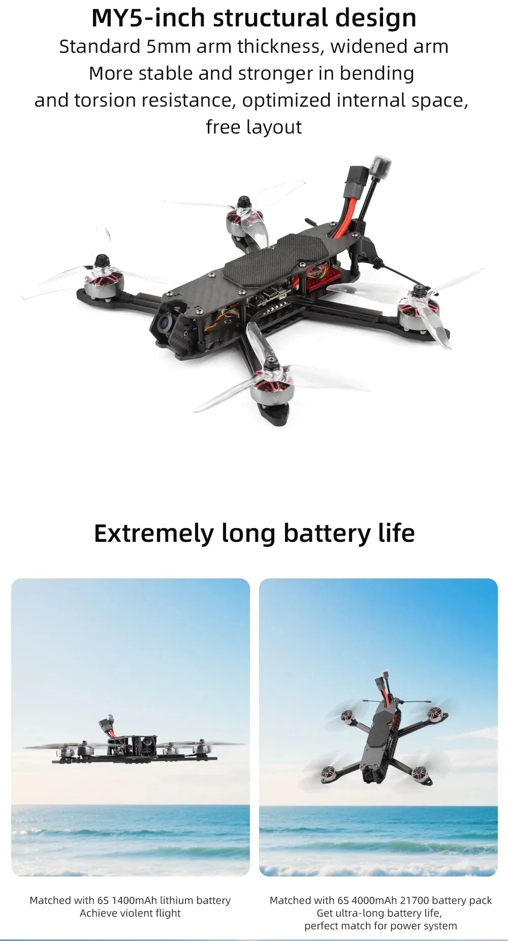 HGLRC MY5 frame layout showing 5mm arms, widened arm design, and suggested 6S 1400mAh or 6S 4000mAh battery setups