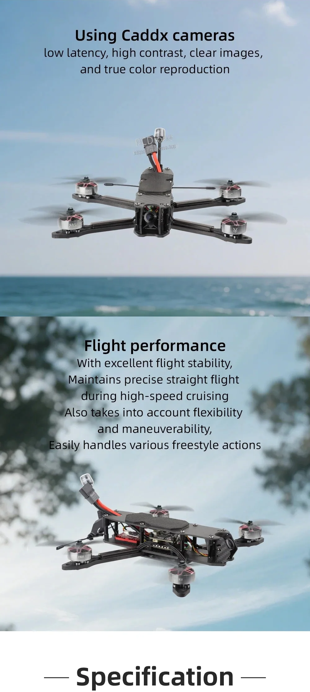 Front and side views highlighting the Caddx FPV camera position and freestyle flight stability focus on the MY5 quad