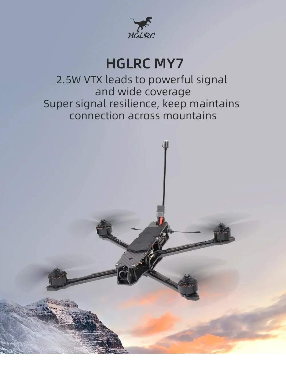 HGLRC MY7 7-inch FPV drone with 2.5W VTX, long antenna, and carbon frame for long-range cruising
