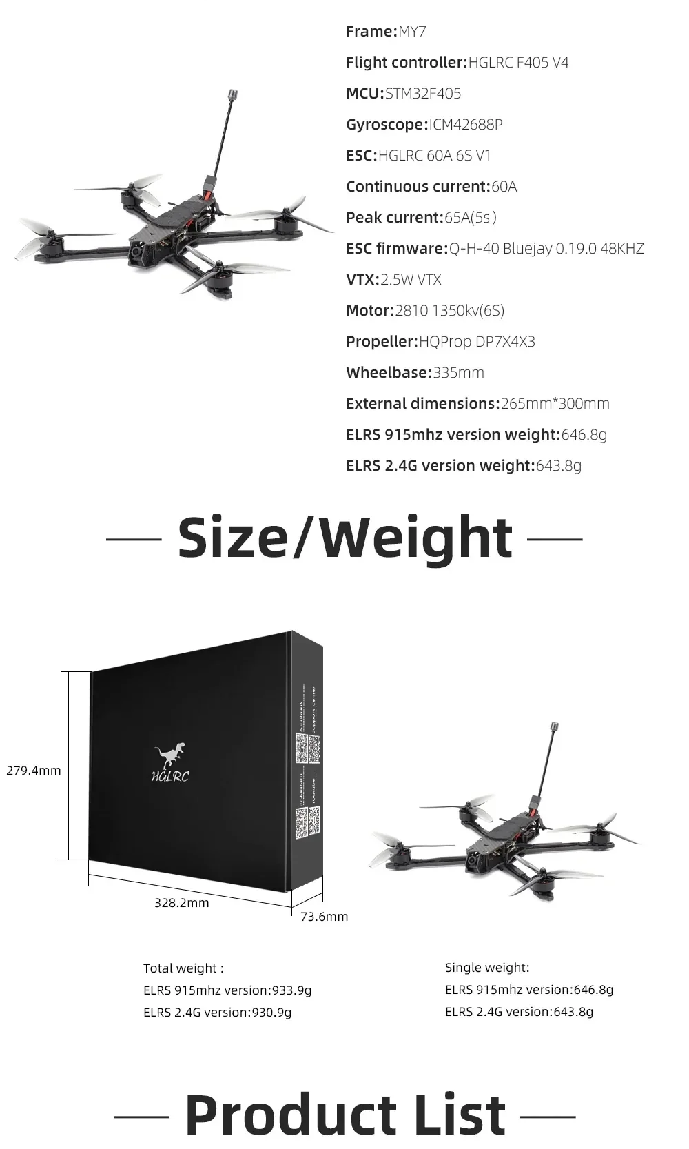 HGLRC MY7 size and weight chart with key specs, dimensions, and electronics overview for both ELRS versions