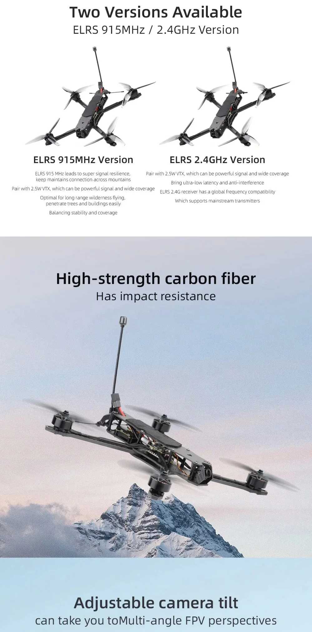 Two receiver options for HGLRC MY7: ELRS 915MHz vs ELRS 2.4G, plus carbon fiber frame and adjustable camera tilt