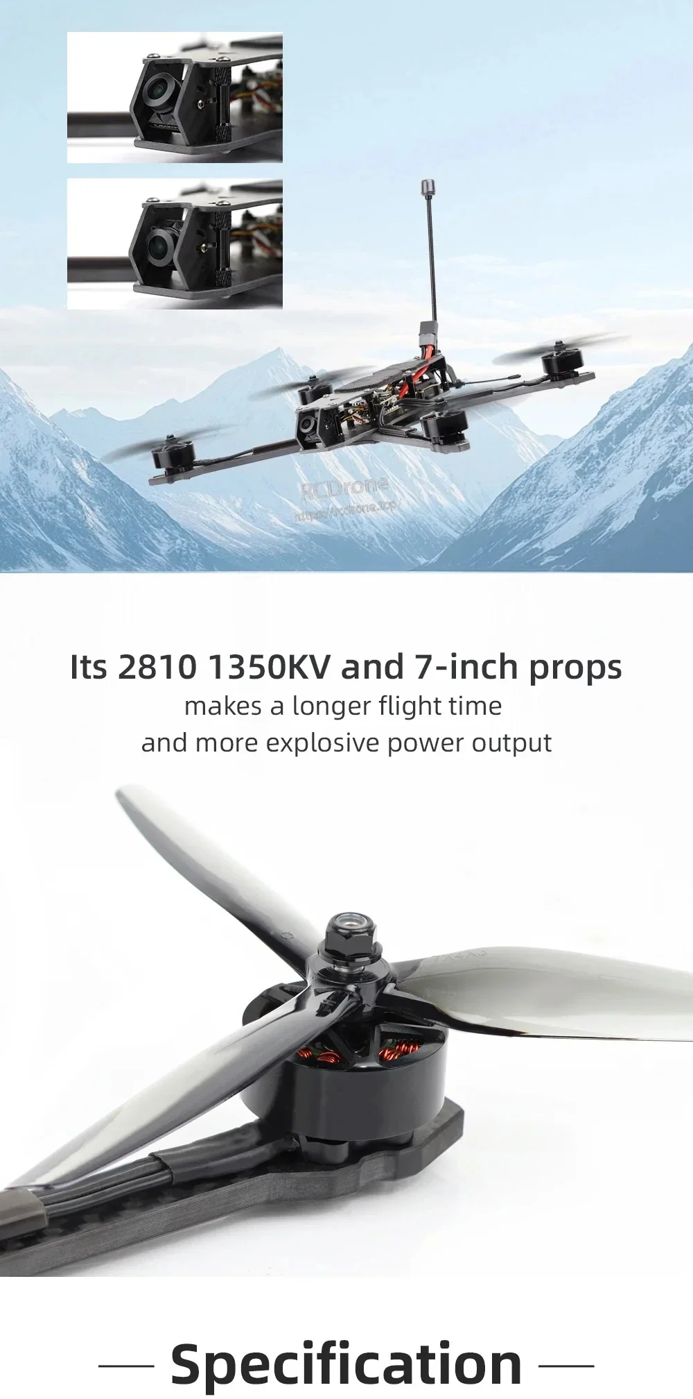 Close-up of 2810 1350KV motor and 7-inch prop setup on the MY7 for efficient thrust and longer flight time