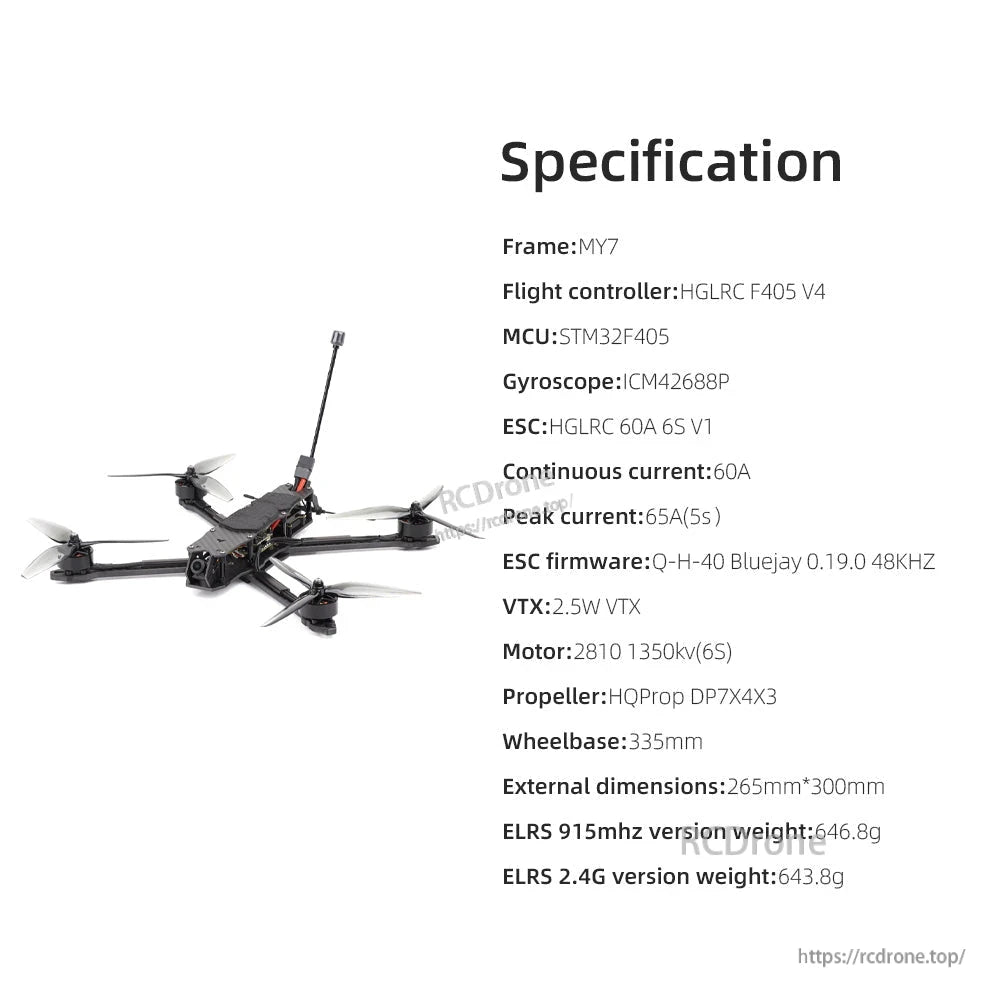 Specification sheet image listing MY7 components and measurements alongside small drone render