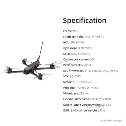 Specification sheet image listing MY7 components and measurements alongside small drone render