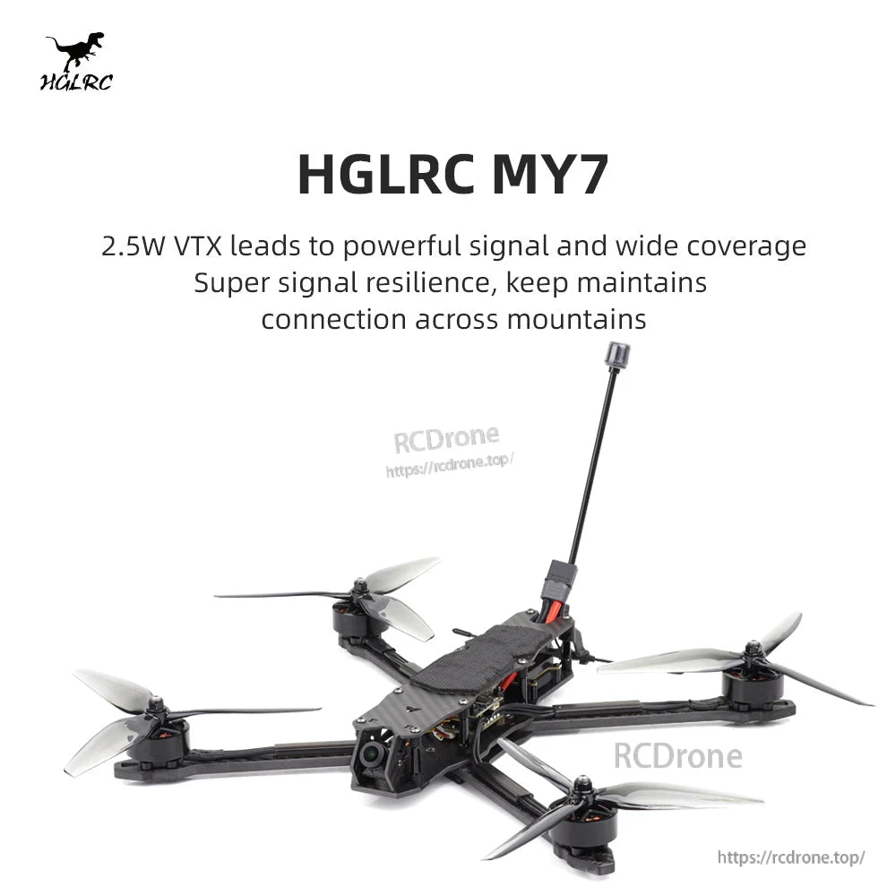 HGLRC MY7 graphic highlighting 2.5W VTX message with drone shown on white background