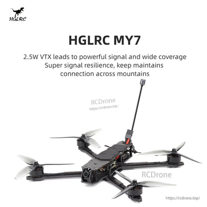 HGLRC MY7 graphic highlighting 2.5W VTX message with drone shown on white background