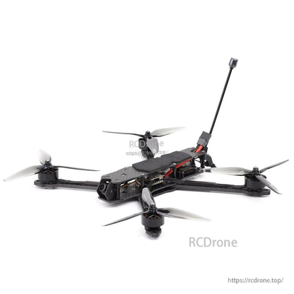 Low side angle of MY7 quad showing top plate, battery strap, and antenna mount