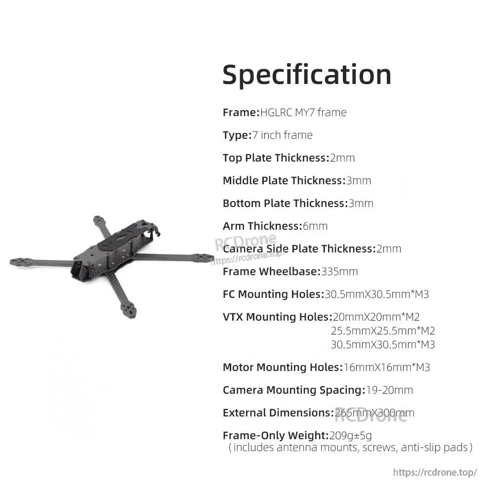 HGLRC MY7 7-inch FPV frame specification sheet with wheelbase, mounting holes and plate thicknesses