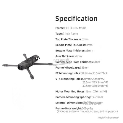 HGLRC MY7 7-inch FPV frame specification sheet with wheelbase, mounting holes and plate thicknesses