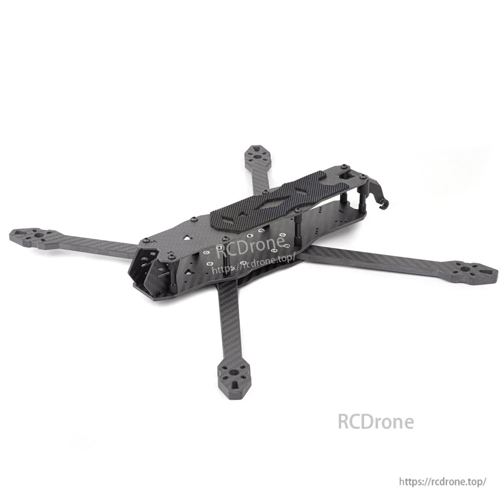 Angled front-left view of assembled carbon fiber frame showing side plates, standoffs and arms