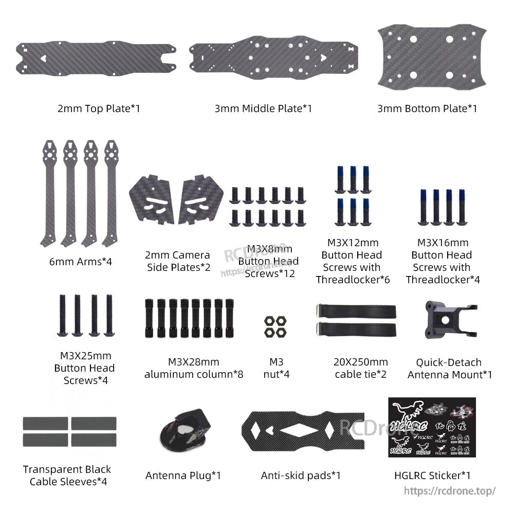 MY7 frame kit parts layout: top/middle/bottom plates, 6mm arms, camera plates, screws, mounts