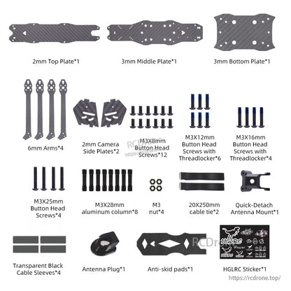 MY7 frame kit parts layout: top/middle/bottom plates, 6mm arms, camera plates, screws, mounts