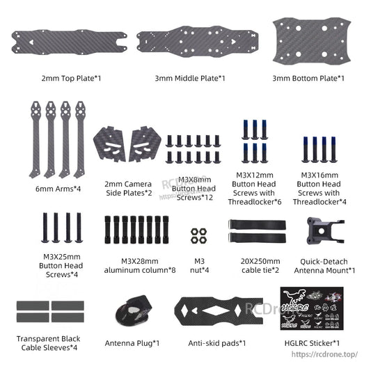 MY7 frame kit parts layout: top/middle/bottom plates, 6mm arms, camera plates, screws, mounts
