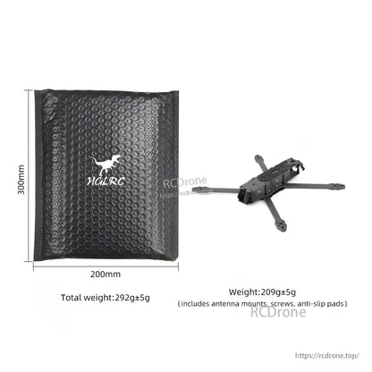 HGLRC MY7 packaging and weight graphic showing 200×300mm bag and listed weights