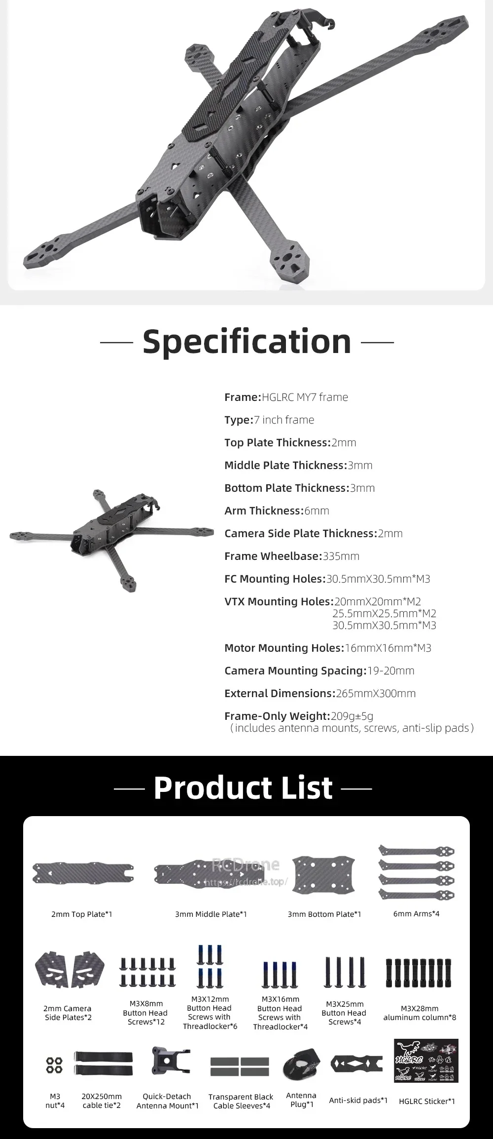 HGLRC MY7 frame specifications and included parts list with plates, 6mm arms, standoffs, screws and accessories