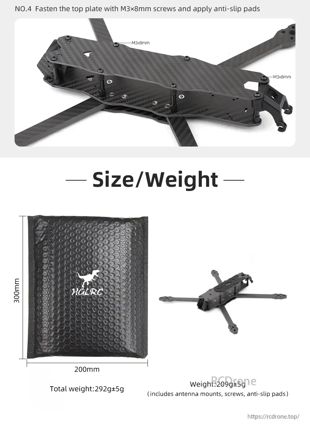 MY7 frame top plate assembly detail plus size and weight panel with packaging dimensions and listed weights