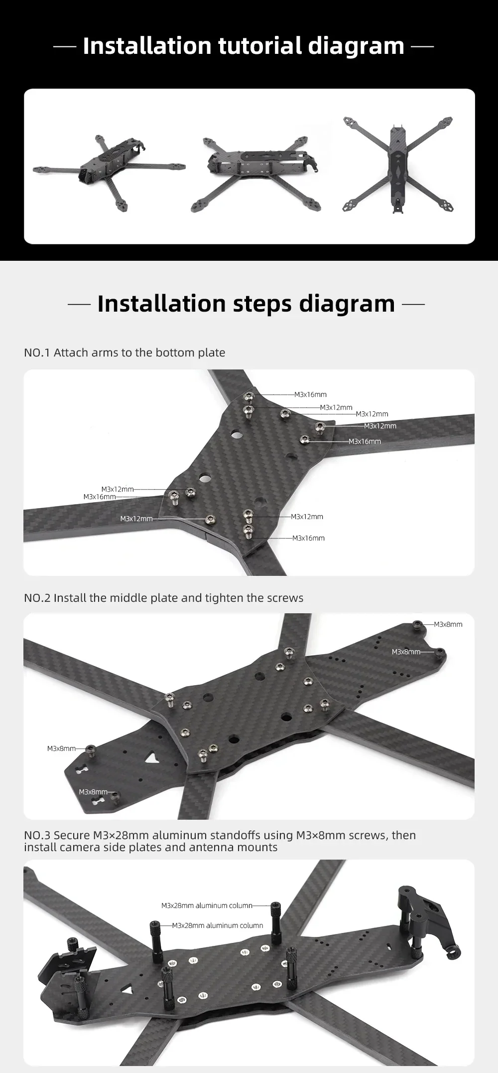 MY7 FPV frame installation steps diagram: attach arms, install middle plate, add standoffs, fit camera side plates and antenna mount