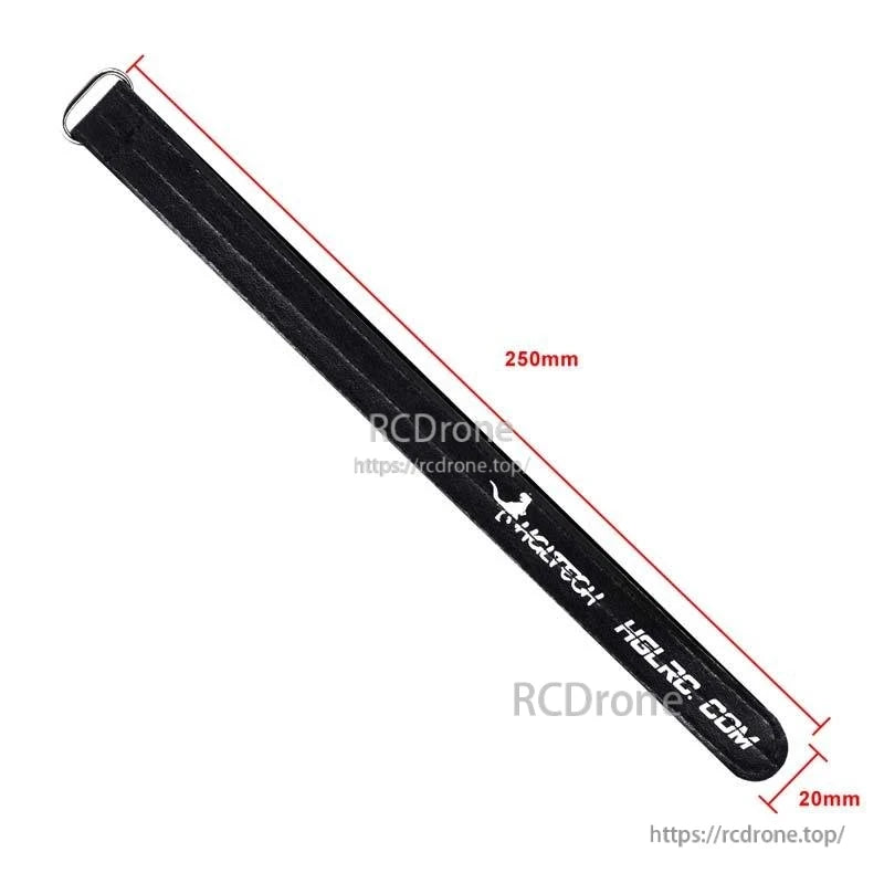 20mm x 250mm black HGLRC metal buckle battery strap, size diagram shown