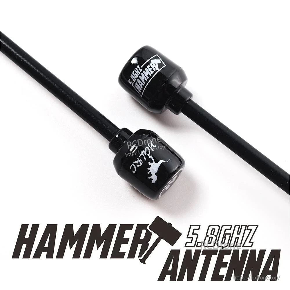 Partial close-up of Mini Hammer antenna on white background with cropped branding text