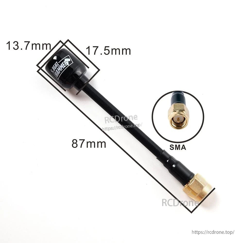 Mini Hammer antenna dimensions with SMA connector close-up, 87mm coax lead and compact body