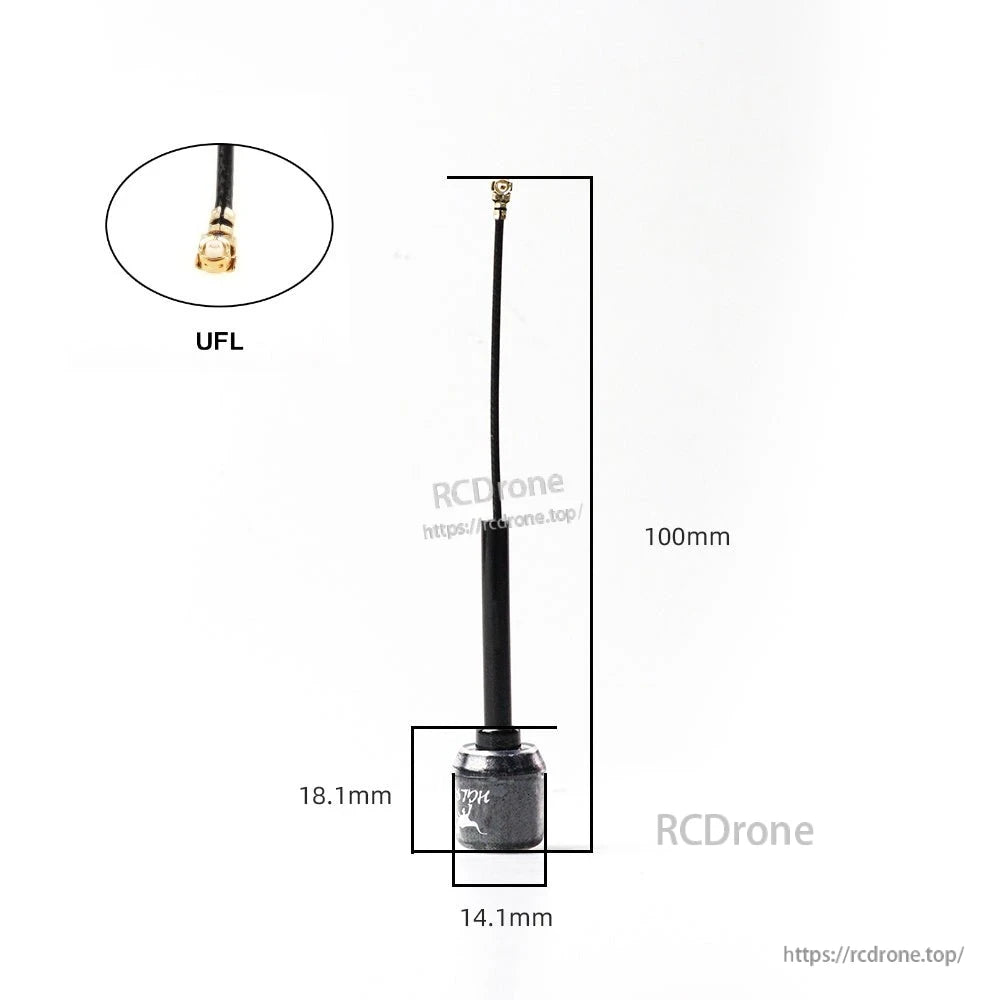 Whip antenna dimensions diagram with UFL connector, 100mm overall length and 14.1mm base width
