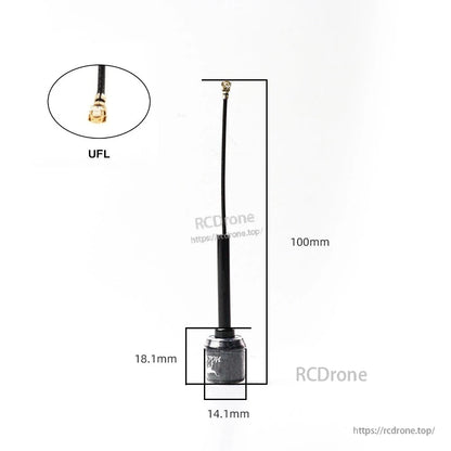 Whip antenna dimensions diagram with UFL connector, 100mm overall length and 14.1mm base width